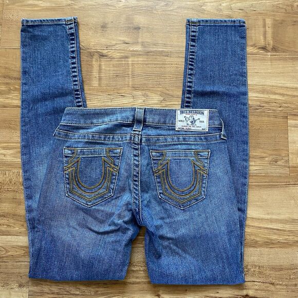 TRUE RELIGION 26 NWOT Skinny Gold Arrow Big T Low Rise Embroidered Y2K Jeans - Picture 7 of 16
